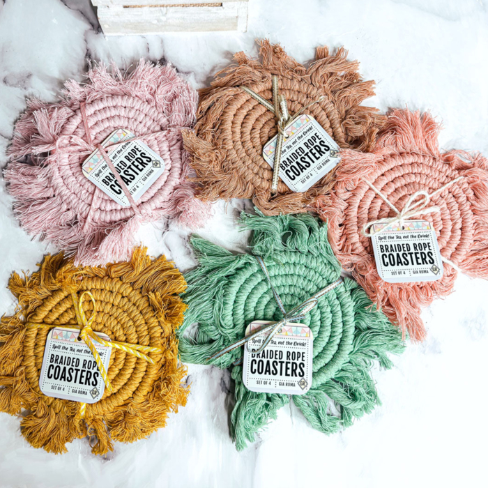 Braided Fabric Coaster Set, Pastel Handmade Tassel Coasters for Spring Tabletop Home Decor