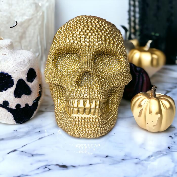 Halloween Home Decorations | Handmade Resin Skull Head Figurines | Rattan Fall Decor Style | Skeleton Face Home Accents | Gothic Farmhouse Home Decor & Gifts