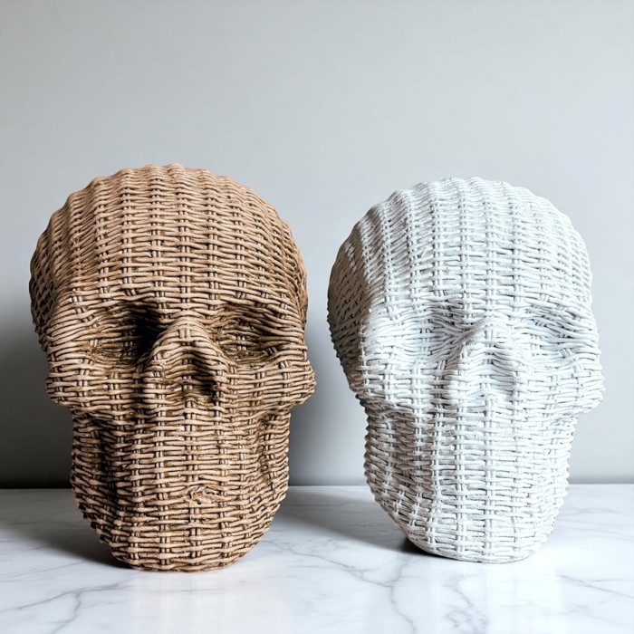 Halloween Home Decorations | Handmade Resin Skull Head Figurines | Rattan Fall Decor Style | Skeleton Face Home Accents | Gothic Farmhouse Home Decor & Gifts