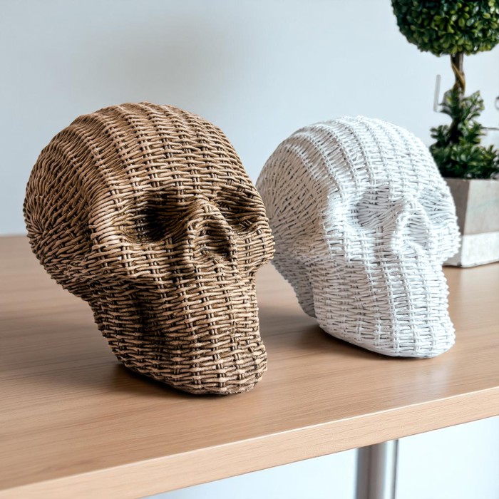 Halloween Home Decorations | Handmade Resin Skull Head Figurines | Rattan Fall Decor Style | Skeleton Face Home Accents | Gothic Farmhouse Home Decor & Gifts