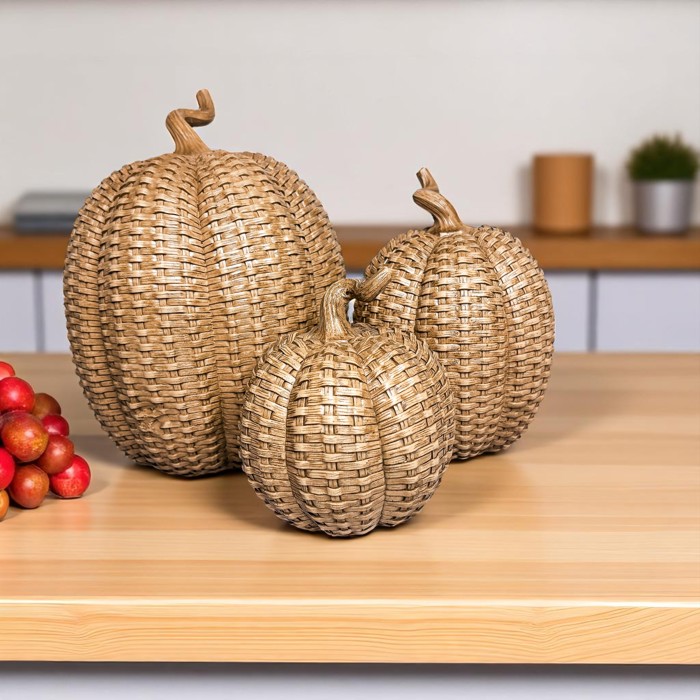 Neutral Fall Home Decor, Handmade Resin Pumpkin Set | Rattan Halloween and Autumn Decorations