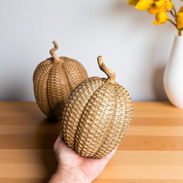 Neutral Fall Home Decor, Handmade Resin Pumpkin Set | Rattan Halloween and Autumn Decorations