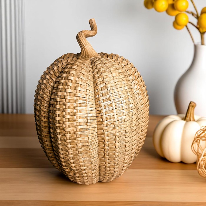 Neutral Fall Home Decor, Handmade Resin Pumpkin Set | Rattan Halloween and Autumn Decorations