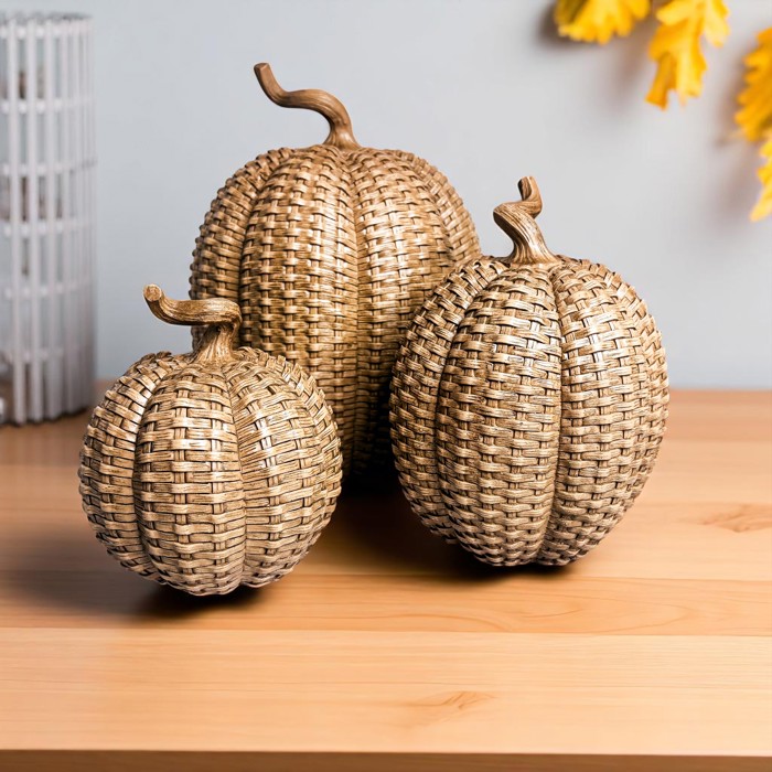 Neutral Fall Home Decor, Handmade Resin Pumpkin Set | Rattan Halloween and Autumn Decorations