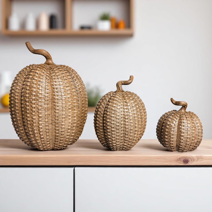 Neutral Fall Home Decor, Handmade Resin Pumpkin Set | Rattan Halloween and Autumn Decorations