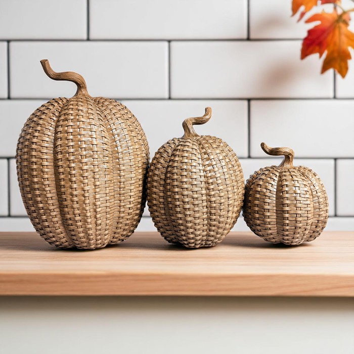 Neutral Fall Home Decor, Handmade Resin Pumpkin Set | Rattan Halloween and Autumn Decorations