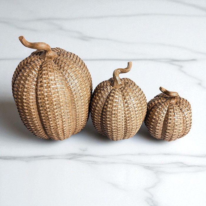 Neutral Fall Home Decor, Handmade Resin Pumpkin Set | Rattan Halloween and Autumn Decorations