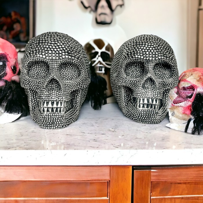 Halloween Home Decorations | Handmade Resin Skull Head Figurines | Rattan Fall Decor Style | Skeleton Face Home Accents | Gothic Farmhouse Home Decor & Gifts