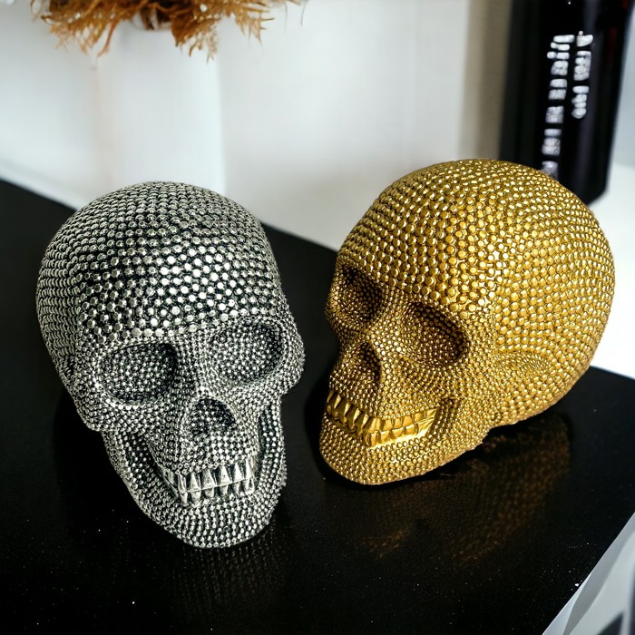 Halloween Home Decorations | Handmade Resin Skull Head Figurines | Rattan Fall Decor Style | Skeleton Face Home Accents | Gothic Farmhouse Home Decor & Gifts