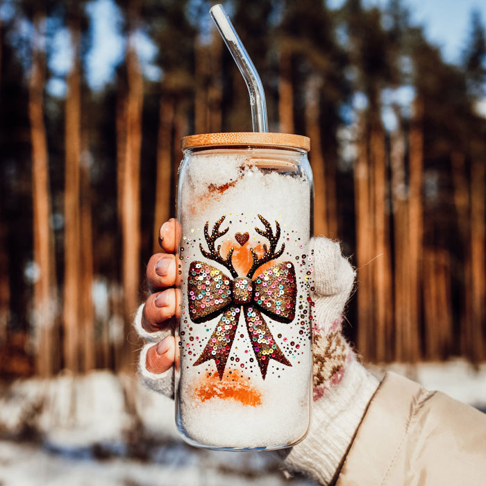 Vintage Santa Christmas Tumblers | Vintage Classic Holiday Glass Tumbler Set | 2 Pack Bundle of Glass Coffee Cups with Lid & Straw | Traditional Santa Claus