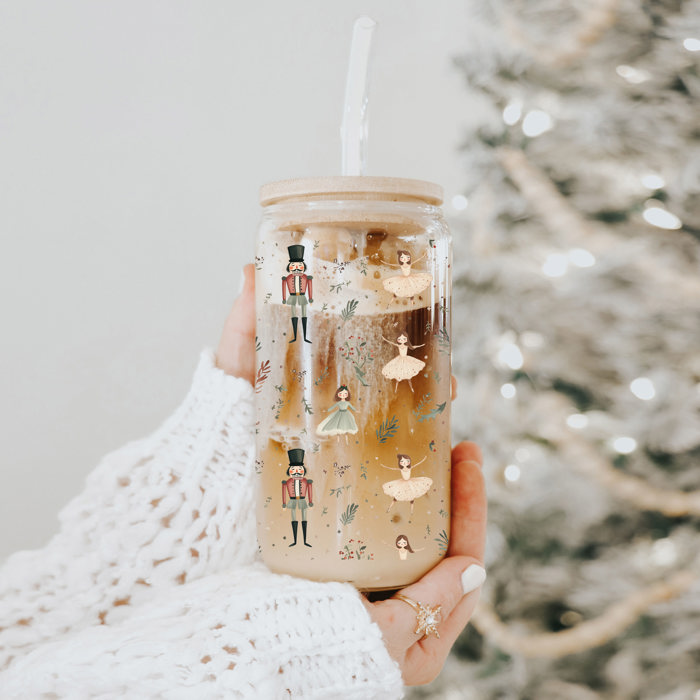 Christmas Glass Tumbler Set 2pk, Modern Cute Holiday Home Decor & Gift Ideas, Glass Coffee Cups with Wood lid and Straws | Glitter Sequin Christmas Cups