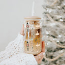 Nutcracker Ballerina Christmas Glass Tumbler Set 2pk, Modern Cute Holiday Home Decor & Gift Ideas, Glass Coffee Cups with Wood lid and Straws | Glitter Sequin Christmas Cups