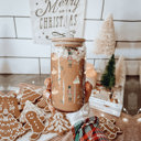  Christmas Glass Tumbler Set 2pk, Modern Cute Holiday Home Decor & Gift Ideas, Glass Coffee Cups with Wood lid and Straws | Glitter Sequin Christmas Cups