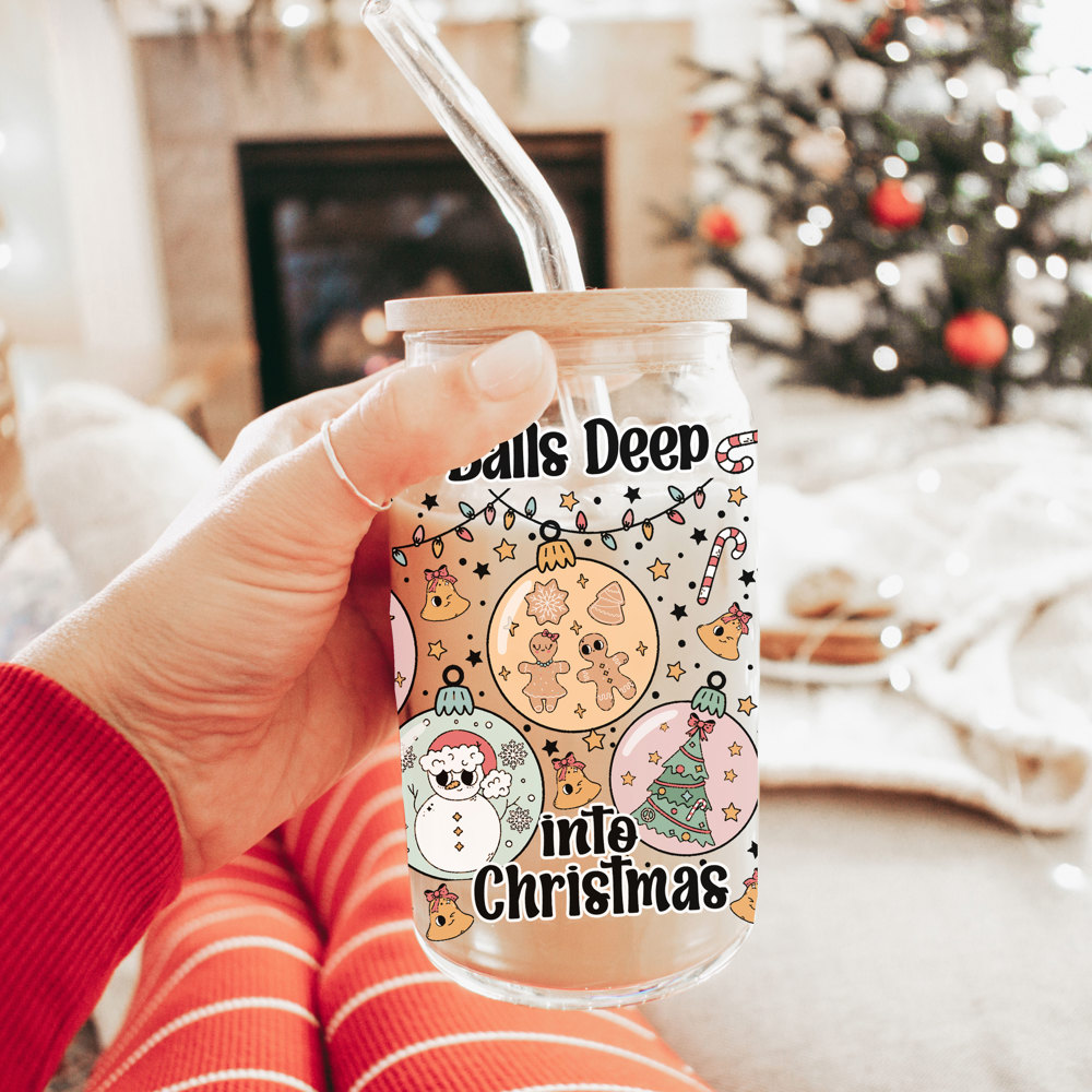 Christmas Glass Cups with Bamboo Lid & Straws, Funny Coffee Mug Gifts