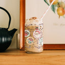  Christmas Glass Tumbler Set 2pk, Modern Cute Holiday Home Decor & Gift Ideas, Glass Coffee Cups with Wood lid and Straws | Glitter Sequin Christmas Cups