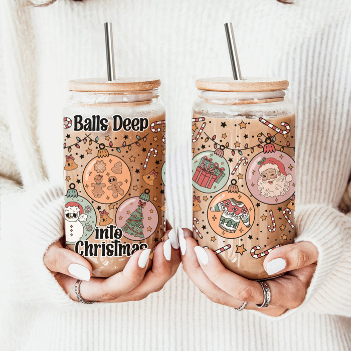 Christmas Glass Tumbler Set 2pk, Modern Cute Holiday Home Decor & Gift Ideas, Glass Coffee Cups with Wood lid and Straws | Glitter Sequin Christmas Cups