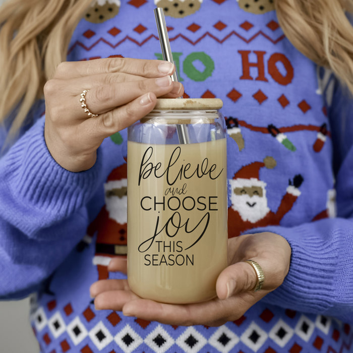 Christmas Glass Tumbler Set 2pk, Modern Cute Holiday Home Decor & Gift Ideas, Glass Coffee Cups with Wood lid and Straws | Glitter Sequin Christmas Cups