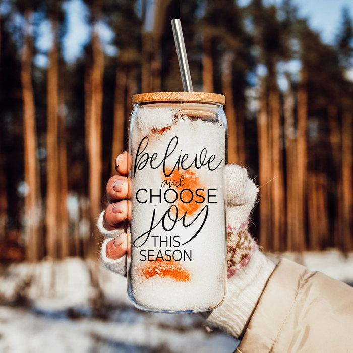 Christmas Glass Tumbler Set 2pk, Modern Cute Holiday Home Decor & Gift Ideas, Glass Coffee Cups with Wood lid and Straws | Glitter Sequin Christmas Cups