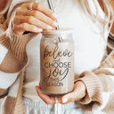 Believe Glass Cups with Lid and Straws 2pk | 17oz Funny Glass Tumblers For Moms | Glass Can Cups