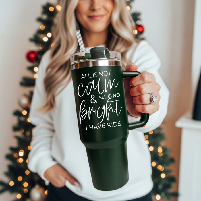 Christmas Tumbler Gifts Funny, 40oz Holiday Tumblers with Handle, Lid & Reusable Straw | Modern 40 oz Red or Green Travel Mugs | Mom Humor Gift Ideas