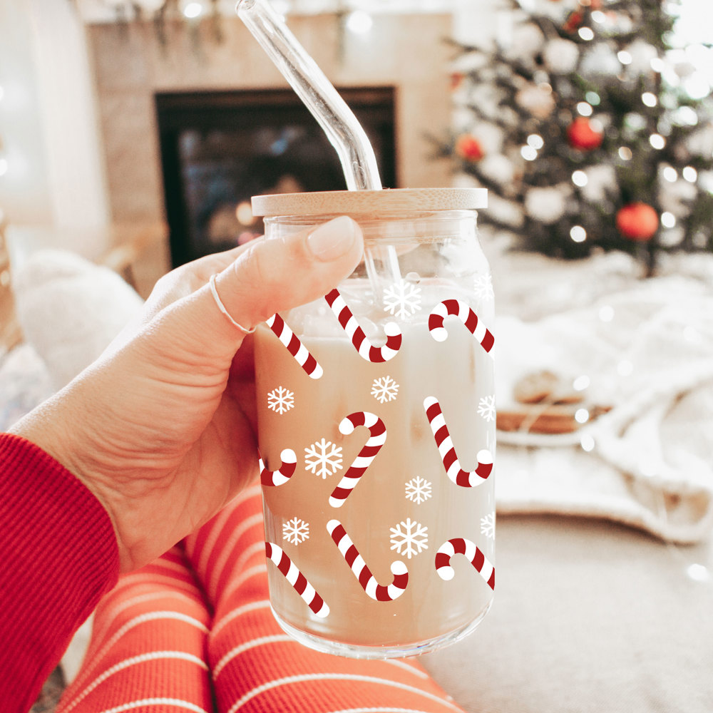 Christmas Glass Cups with Bamboo Lid & Straws, Funny Coffee Mug Gifts