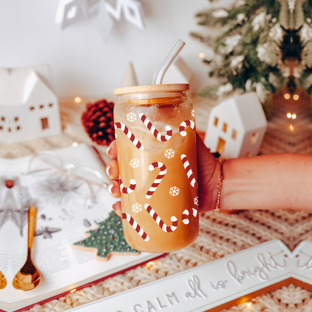 Christmas Glass Cups with Bamboo Lid & Straws, Funny Coffee Mug Gifts