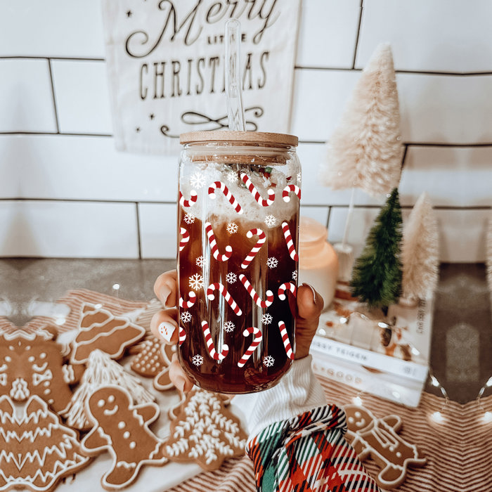 Christmas Glass Tumbler Set 2pk, Modern Cute Holiday Home Decor & Gift Ideas, Glass Coffee Cups with Wood lid and Straws | Glitter Sequin Christmas Cups