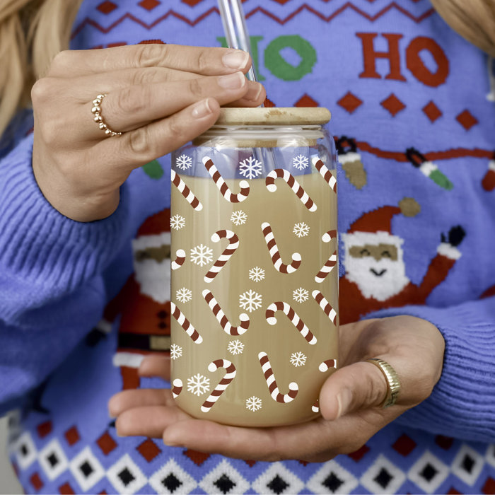 Christmas Glass Tumbler Set 2pk, Modern Cute Holiday Home Decor & Gift Ideas, Glass Coffee Cups with Wood lid and Straws | Glitter Sequin Christmas Cups