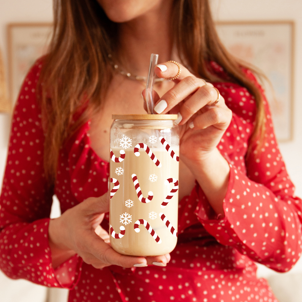 Christmas Glass Cups with Bamboo Lid & Straws, Funny Coffee Mug Gifts