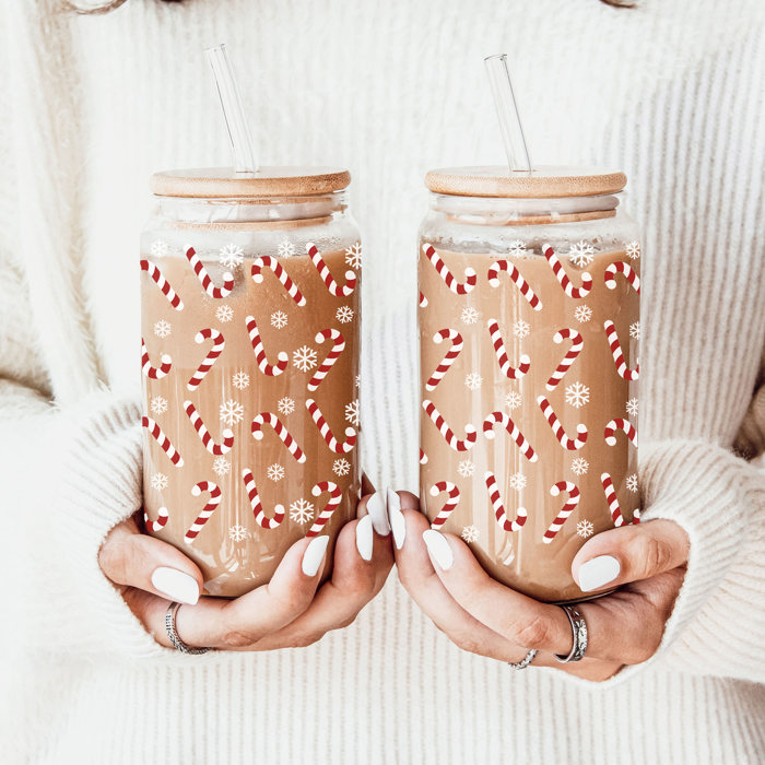 Christmas Glass Tumbler Set 2pk, Modern Cute Holiday Home Decor & Gift Ideas, Glass Coffee Cups with Wood lid and Straws | Glitter Sequin Christmas Cups