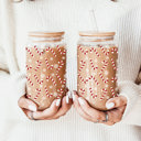  Christmas Glass Tumbler Set 2pk, Modern Cute Holiday Home Decor & Gift Ideas, Glass Coffee Cups with Wood lid and Straws | Glitter Sequin Christmas Cups