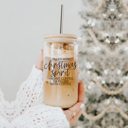 Christmas Spirit Glass Cups with Lid and Straws 2pk | 17oz Funny Glass Tumblers For Moms | Glass Can Cups