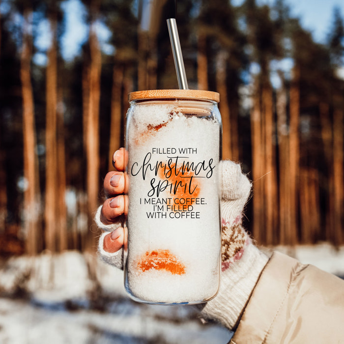 Christmas Glass Tumbler Set 2pk, Modern Cute Holiday Home Decor & Gift Ideas, Glass Coffee Cups with Wood lid and Straws | Glitter Sequin Christmas Cups
