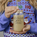 Christmas Spirit Christmas Glass Tumbler Set 2pk, Modern Cute Holiday Home Decor & Gift Ideas, Glass Coffee Cups with Wood lid and Straws | Glitter Sequin Christmas Cups