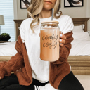 Comfy Cozy Glass Cups with Lid and Straws 2pk | 17oz Funny Glass Tumblers For Moms | Glass Can Cups