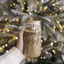  Christmas Glass Tumbler Set 2pk, Modern Cute Holiday Home Decor & Gift Ideas, Glass Coffee Cups with Wood lid and Straws | Glitter Sequin Christmas Cups