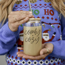 Comfy Cozy Christmas Glass Tumbler Set 2pk, Modern Cute Holiday Home Decor & Gift Ideas, Glass Coffee Cups with Wood lid and Straws | Glitter Sequin Christmas Cups