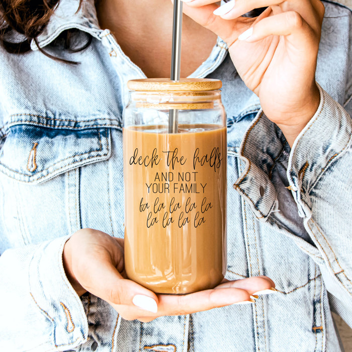 Christmas Glass Tumbler Set 2pk, Modern Cute Holiday Home Decor & Gift Ideas, Glass Coffee Cups with Wood lid and Straws | Glitter Sequin Christmas Cups