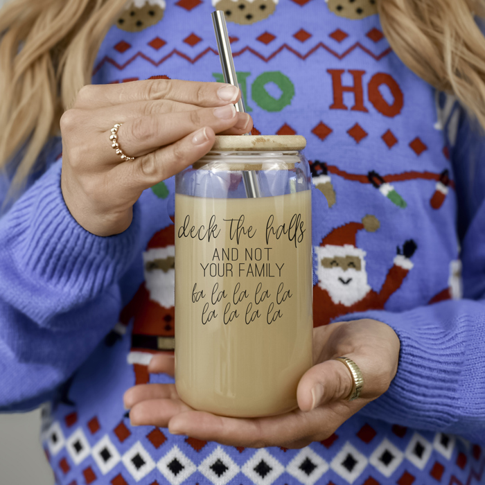 Christmas Glass Tumbler Set 2pk, Modern Cute Holiday Home Decor & Gift Ideas, Glass Coffee Cups with Wood lid and Straws | Glitter Sequin Christmas Cups