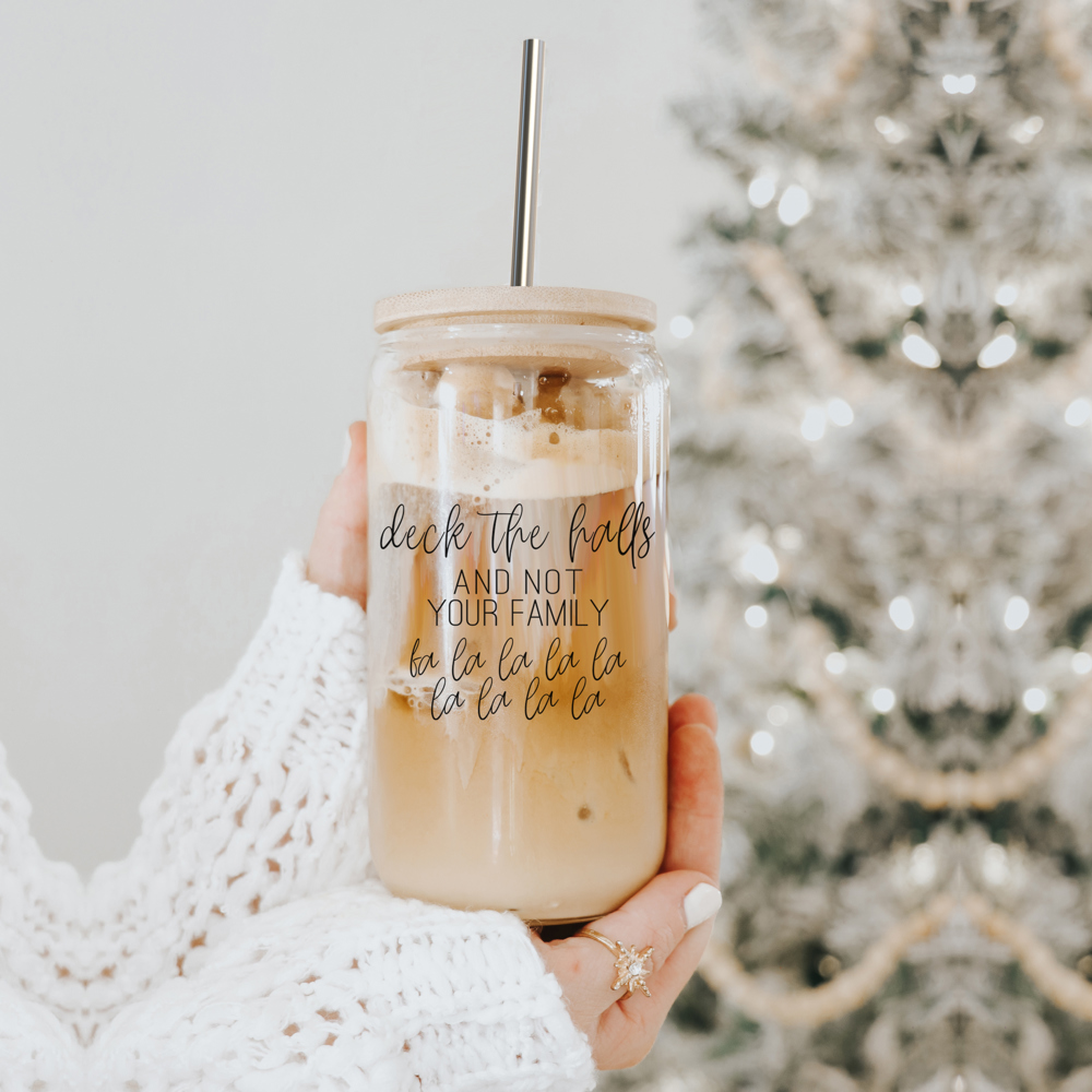 Christmas Glass Cups with Bamboo Lid & Straws, Funny Coffee Mug Gifts