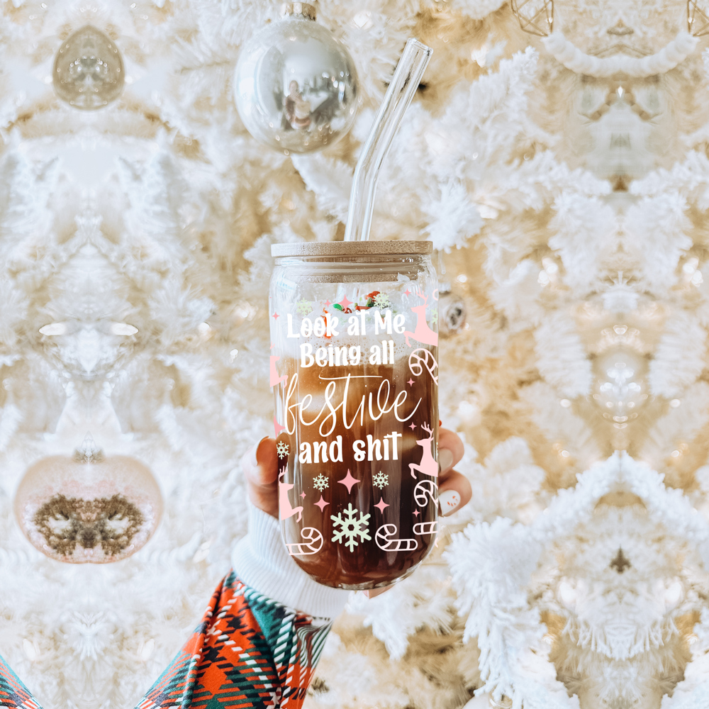 Christmas Glass Cups with Bamboo Lid & Straws, Funny Coffee Mug Gifts