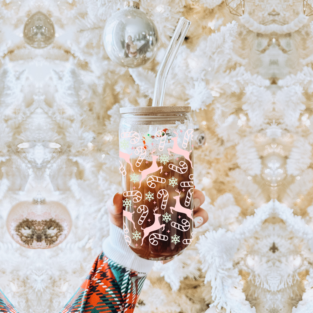 Christmas Glass Cups with Bamboo Lid & Straws, Funny Coffee Mug Gifts