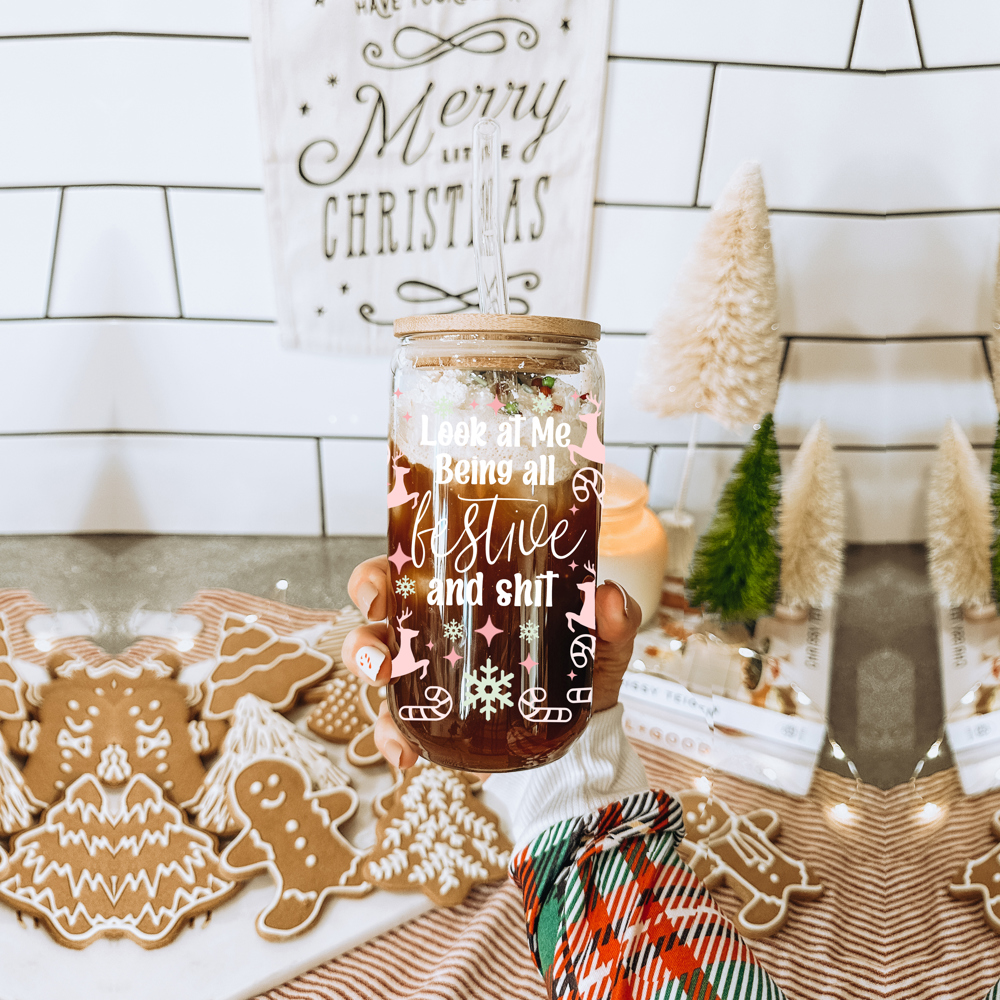 Christmas Glass Cups with Bamboo Lid & Straws, Funny Coffee Mug Gifts