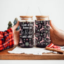 Festive & Shit Christmas Glass Tumbler Set 2pk, Modern Cute Holiday Home Decor & Gift Ideas, Glass Coffee Cups with Wood lid and Straws | Glitter Sequin Christmas Cups