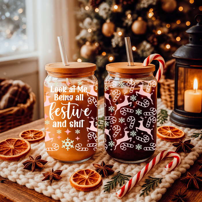 Christmas Kitchen Gifts & Holiday Drinkware Set, 2 Glass Tumblers of Choice, Christmas Glass Coffee Cups with Lid & Straws, Cute, Modern, Funny 