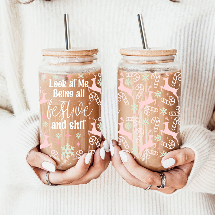 Christmas Glass Tumbler Set 2pk, Modern Cute Holiday Home Decor & Gift Ideas, Glass Coffee Cups with Wood lid and Straws | Glitter Sequin Christmas Cups