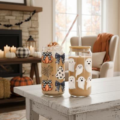 Fall and Halloween Gifts, Halloween Glass Tumblers and Coffee Mug Set | 2pk Bundle of Modern Halloween Drinkware, Ceramic Mugs or Glass Cups & Straws with Bamboo Lid