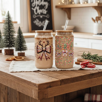 Christmas Glass Tumbler Set 2pk, Modern Cute Holiday Home Decor & Gift Ideas, Glass Coffee Cups with Wood lid and Straws | Glitter Sequin Christmas Cups