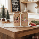  Christmas Glass Tumbler Set 2pk, Modern Cute Holiday Home Decor & Gift Ideas, Glass Coffee Cups with Wood lid and Straws | Glitter Sequin Christmas Cups