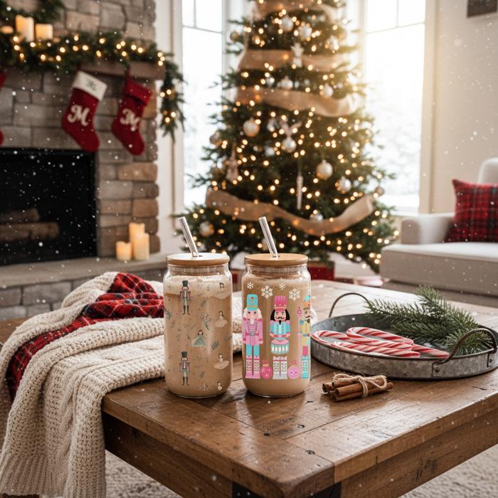 Christmas Glass Tumbler Set 2pk, Modern Cute Holiday Home Decor & Gift Ideas, Glass Coffee Cups with Wood lid and Straws | Glitter Sequin Christmas Cups